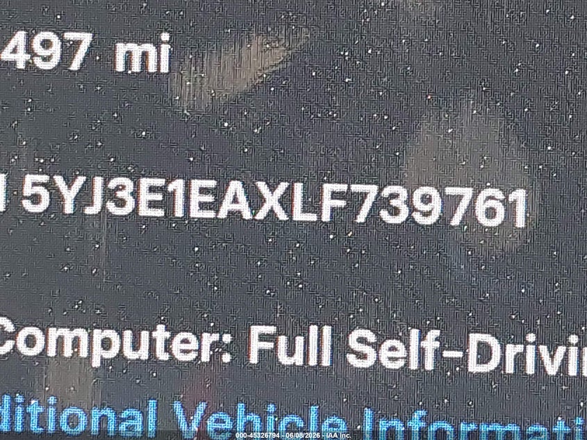 2020 Tesla Model 3 VIN 5YJ3E1EAXLF739761 IAAI salvage auction — LEFT SIDE, Salvage Title, sold $3,500 on 2026-07-09 (photo 9)
