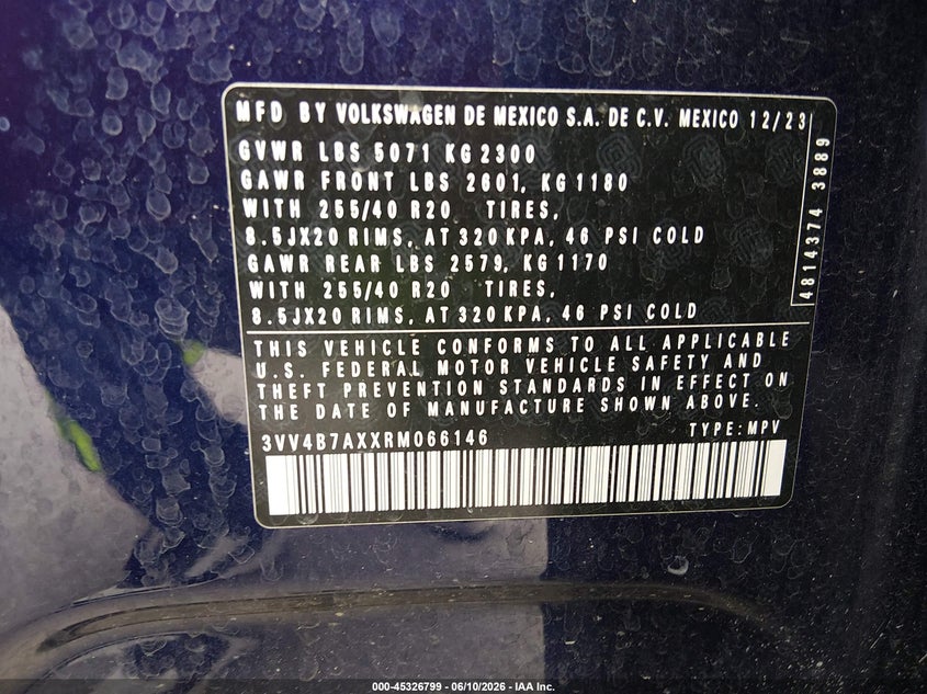 2024 Volkswagen Tiguan VIN 3VV4B7AXXRM066146 IAAI salvage auction — SIDE, Salvage Title, sold $8,550 on 2026-08-20 (photo 9)