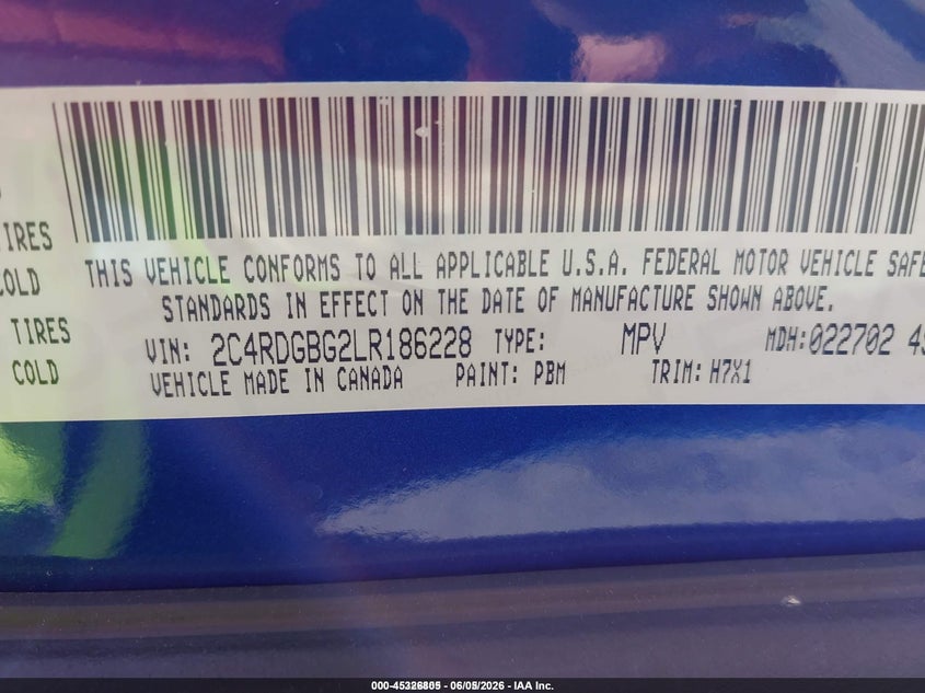 2020 Dodge Caravan VIN 2C4RDGBG2LR186228 IAAI salvage auction — NORMAL WEAR, Sf97 (Texas), sold $9,750 on 2026-07-07 (photo 9)