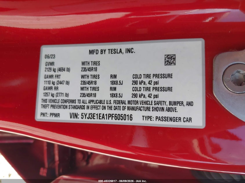2023 Tesla Model 3 VIN 5YJ3E1EA1PF605016 IAAI salvage auction — HAIL, Clear (Missouri), sold $11,000 on 2026-07-30 (photo 9)