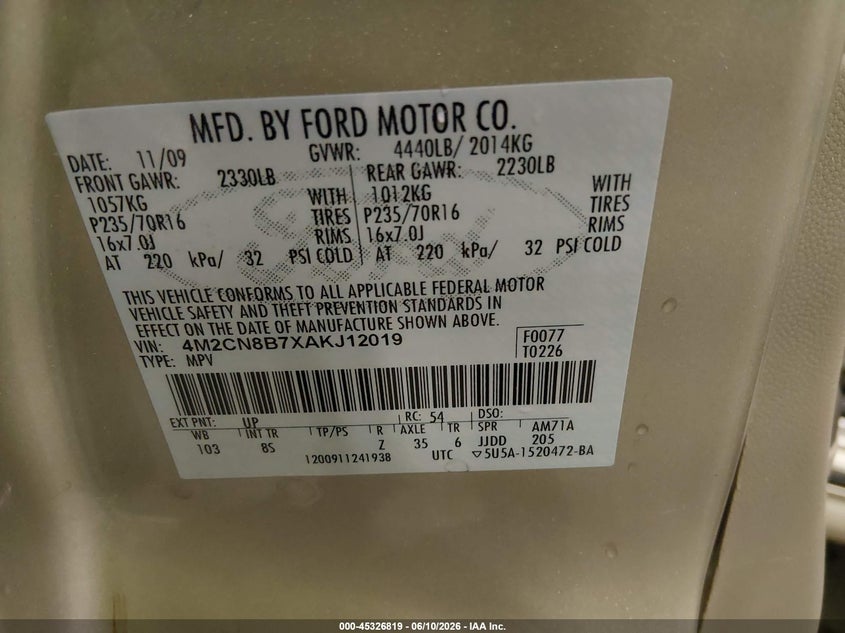 2010 Mercury Mariner VIN 4M2CN8B7XAKJ12019 IAAI salvage auction — FRONT END, Salvage (Idaho), sold $500 on 2026-07-10 (photo 9)