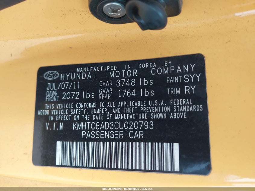 2012 Hyundai Veloster VIN KMHTC6AD3CU020793 IAAI salvage auction — REAR END, Salvage Title, sold $1,700 on 2026-07-06 (photo 9)