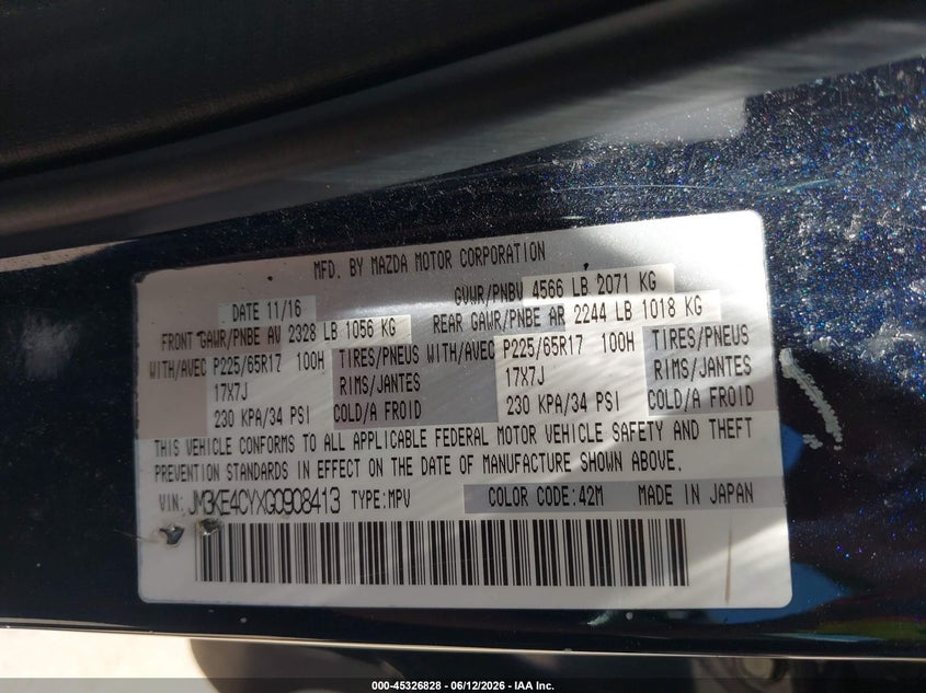 2016 Mazda Cx-5 VIN JM3KE4CYXG0908413 IAAI salvage auction — HAIL, Salvage (Ohio), sold $3,075 on 2026-07-14 (photo 9)