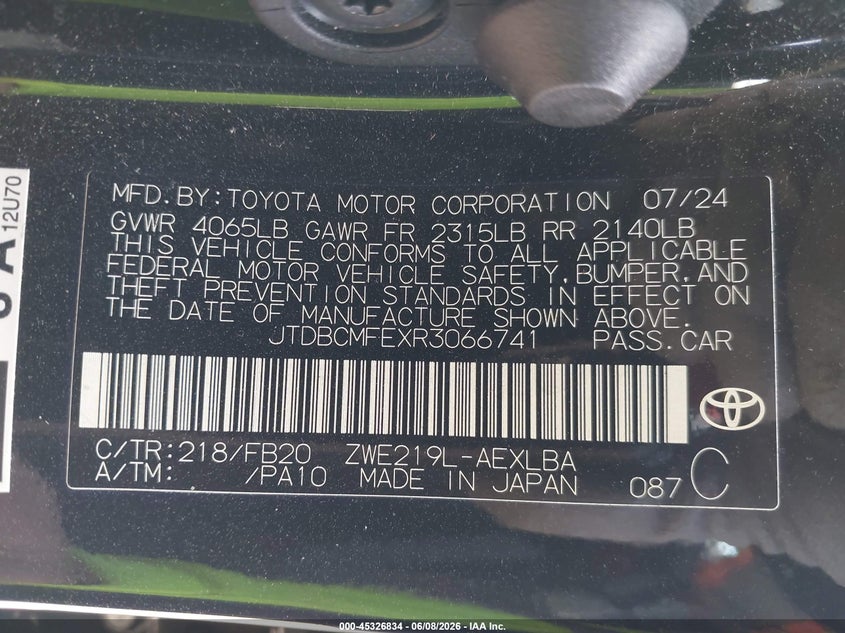 2024 Toyota Corolla VIN JTDBCMFEXR3066741 IAAI salvage auction — LEFT SIDE, Salvage Title, sold $4,850 on 2026-07-22 (photo 9)