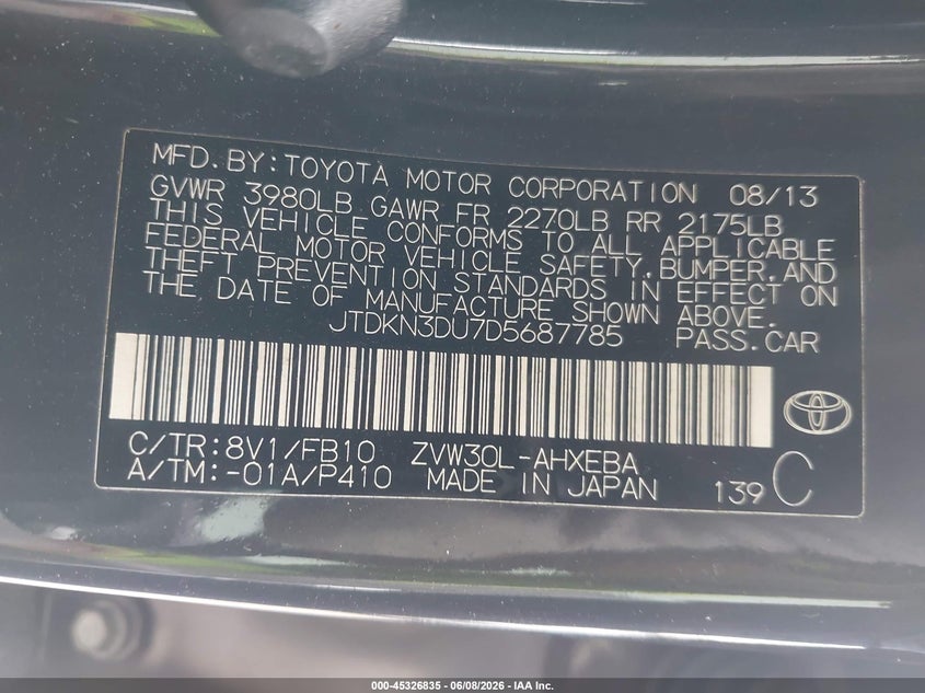 2013 Toyota Prius VIN JTDKN3DU7D5687785 IAAI salvage auction — UNKNOWN, Salvage Title - Dealer (California), sold $425 on 2026-07-08 (photo 9)