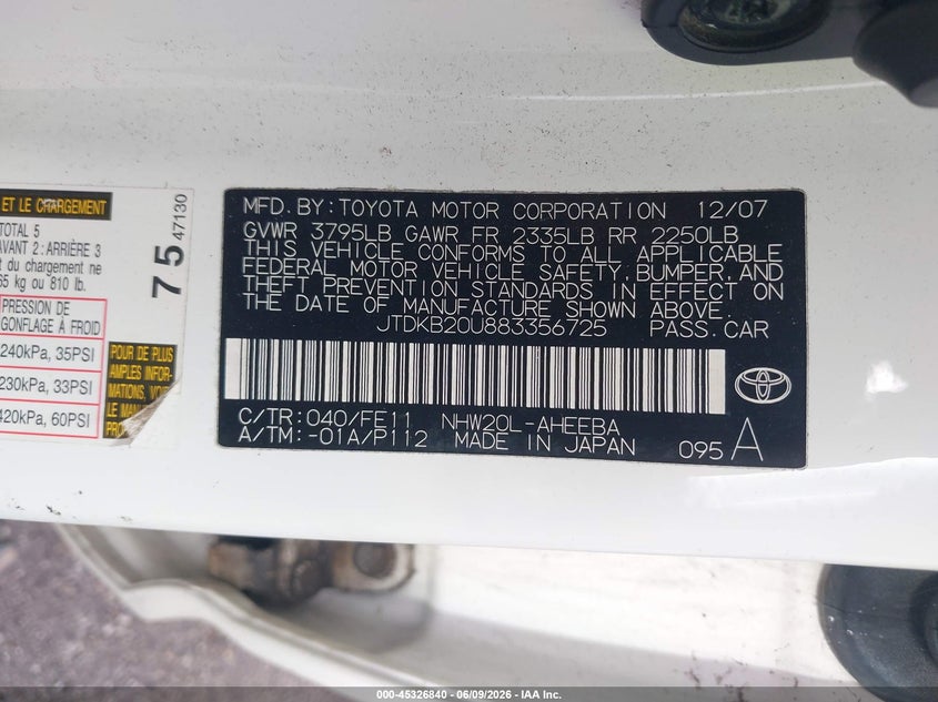 2008 Toyota Prius VIN JTDKB20U883356725 IAAI salvage auction — NORMAL WEAR, Clear (Indiana), sold $750 on 2026-07-21 (photo 9)