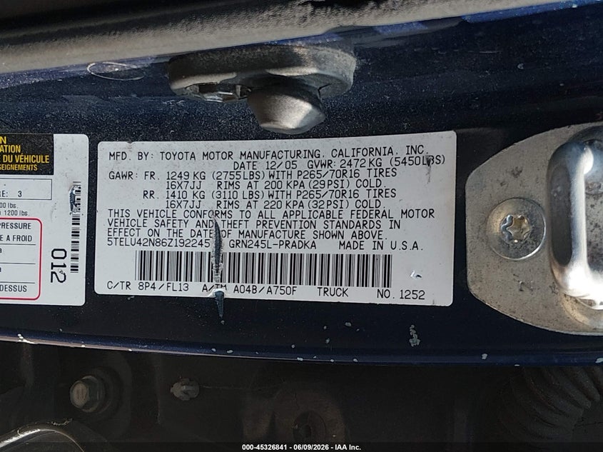 2006 Toyota Tacoma VIN 5TELU42N86Z192245 IAAI salvage auction — SIDE, Clear (Maryland), sold $3,400 on 2026-07-08 (photo 9)