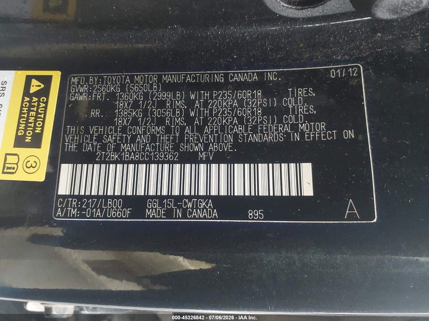 2012 Lexus Rx VIN 2T2BK1BA8CC139362 IAAI salvage auction — UNKNOWN, Salvage Title, sold $4,650 on 2026-08-02 (photo 9)