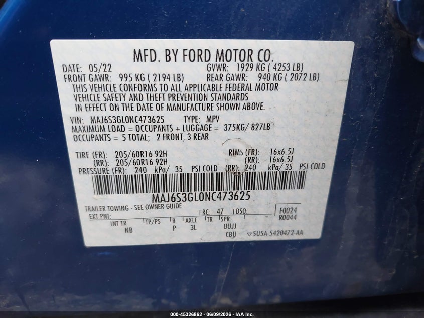 2022 Ford Ecosport VIN MAJ6S3GL0NC473625 IAAI salvage auction — SIDE, Salvage (Ohio), sold $650 on 2026-07-30 (photo 9)