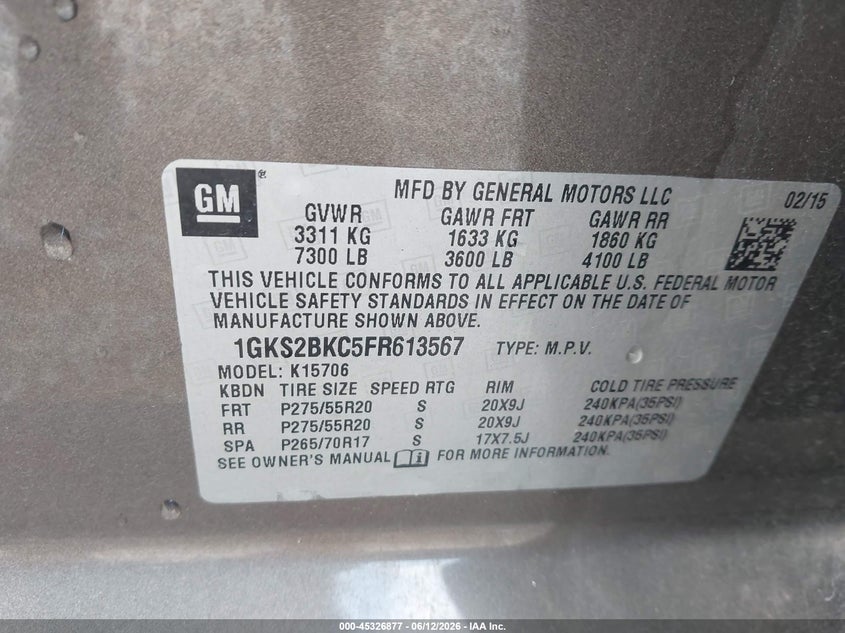 2015 Gmc Yukon VIN 1GKS2BKC5FR613567 IAAI salvage auction — SIDE, Salvage (Mississippi), sold $7,000 on 2026-07-10 (photo 9)