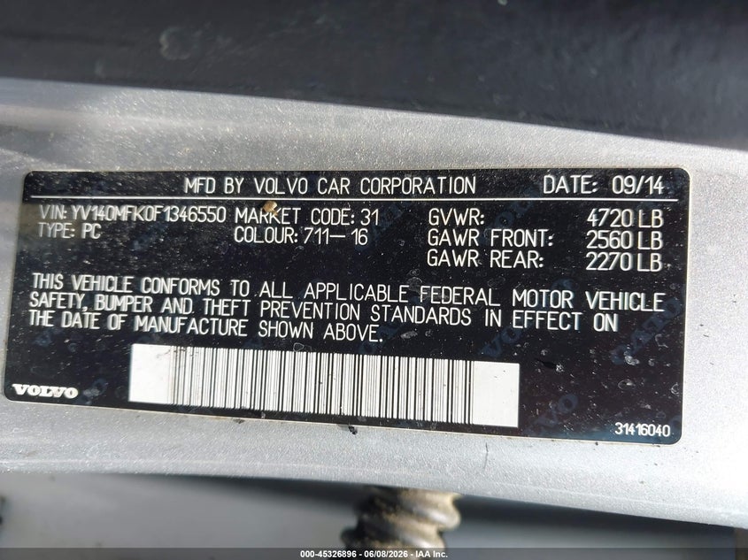 2015 Volvo S60 VIN YV140MFK0F1346550 IAAI salvage auction — Burn Engine, Salvage (North Carolina), sold $275 on 2026-08-06 (photo 9)