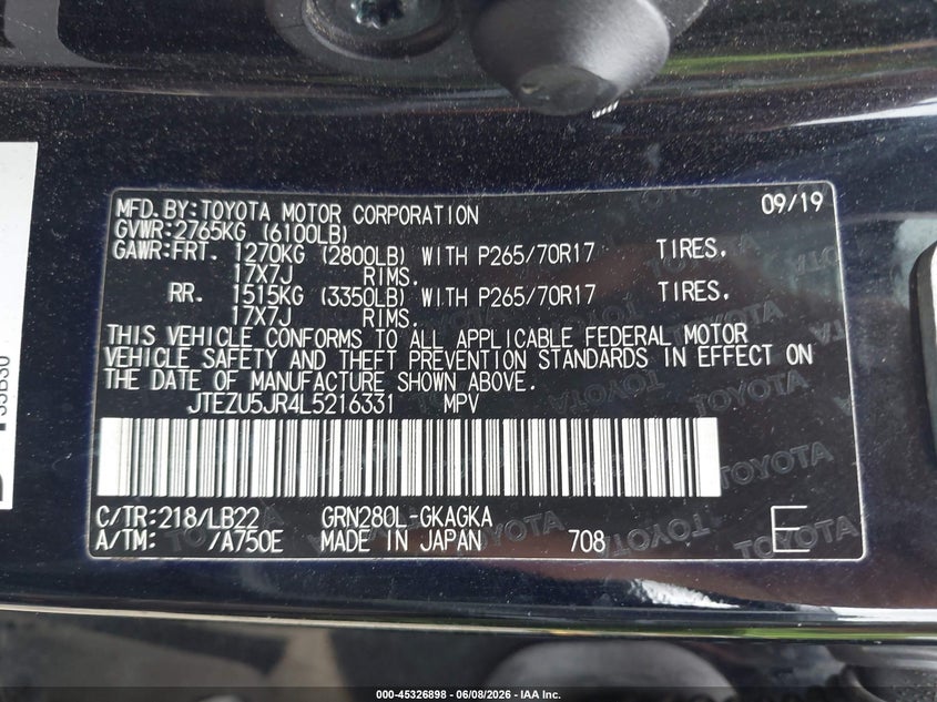 2020 Toyota 4runner VIN JTEZU5JR4L5216331 IAAI salvage auction — RIGHT FRONT, Salvage Title, sold $9,700 on 2026-07-09 (photo 9)