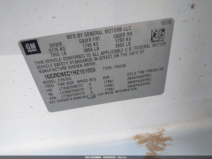 2017 Chevrolet Silverado VIN 1GCRCNEC1HZ151659 IAAI salvage auction — NORMAL WEAR, SF97 (Louisiana), sold $15,750 on 2026-07-09 (photo 9)
