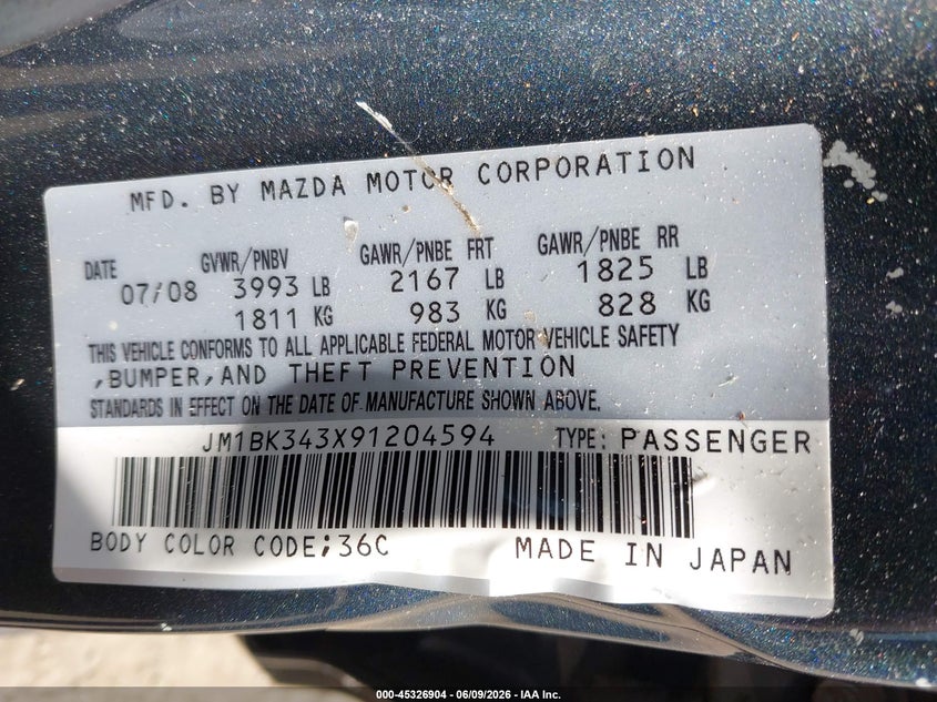 2009 Mazda 3 VIN JM1BK343X91204594 IAAI salvage auction — NORMAL WEAR, Clear (Virginia), sold $275 on 2026-07-08 (photo 9)