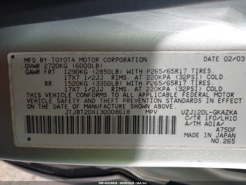 2003 Lexus Gx VIN JTJBT20X130008618 IAAI salvage auction — NORMAL WEAR, Clear (Arkansas), sold $1,925 on 2026-07-08 (photo 9)