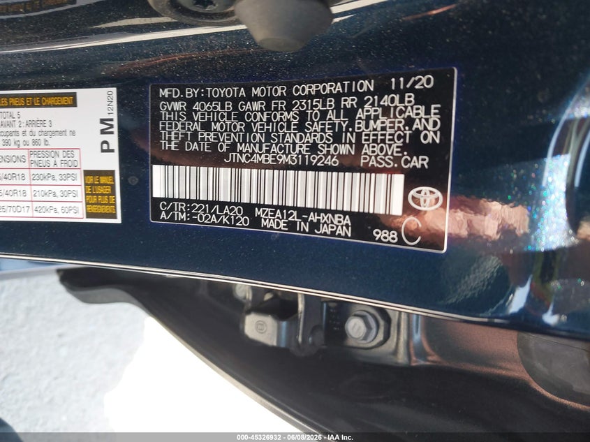 2021 Toyota Corolla VIN JTNC4MBE9M3119246 IAAI salvage auction — REAR END, Salvage Title, sold $6,300 on 2026-07-13 (photo 9)