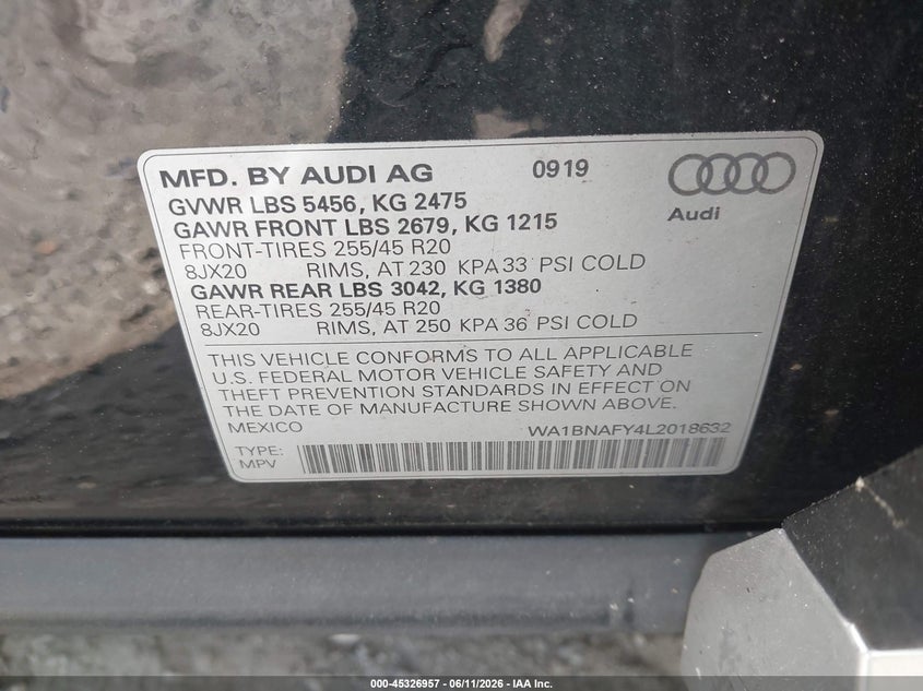 2020 Audi Q5 VIN WA1BNAFY4L2018632 IAAI salvage auction — FRONT END, Salvage Title, sold $5,600 on 2026-07-21 (photo 9)
