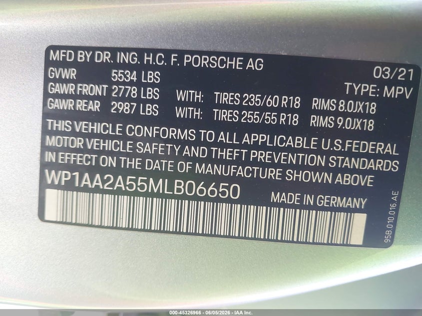 2021 Porsche Macan VIN WP1AA2A55MLB06650 IAAI salvage auction — RIGHT SIDE, Salvage (California), sold $16,500 on 2026-07-22 (photo 9)