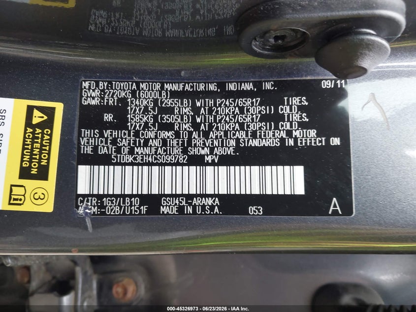 2012 Toyota Highlander VIN 5TDBK3EH4CS099782 IAAI salvage auction — REAR END, Clear (Massachusetts), sold $3,150 on 2026-07-28 (photo 9)