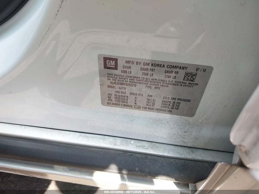 2015 Buick Encore VIN KL4CJDSB5FB252270 IAAI salvage auction — LEFT REAR, Salvage (North Carolina), sold $1,500 on 2026-07-16 (photo 9)