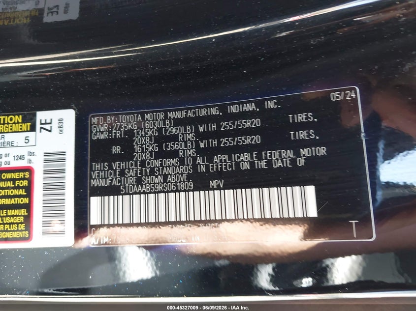 2024 Toyota Highlander VIN 5TDAAAB59RS061809 IAAI salvage auction — REAR END, Salvage Title, sold $17,000 on 2026-07-28 (photo 9)