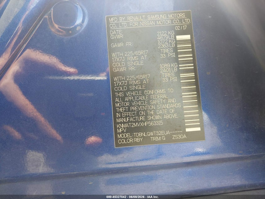 2017 Nissan Rogue VIN KNMAT2MVXHP563315 IAAI salvage auction — FRONT END, Salvage Title, sold $1,450 on 2026-07-13 (photo 9)