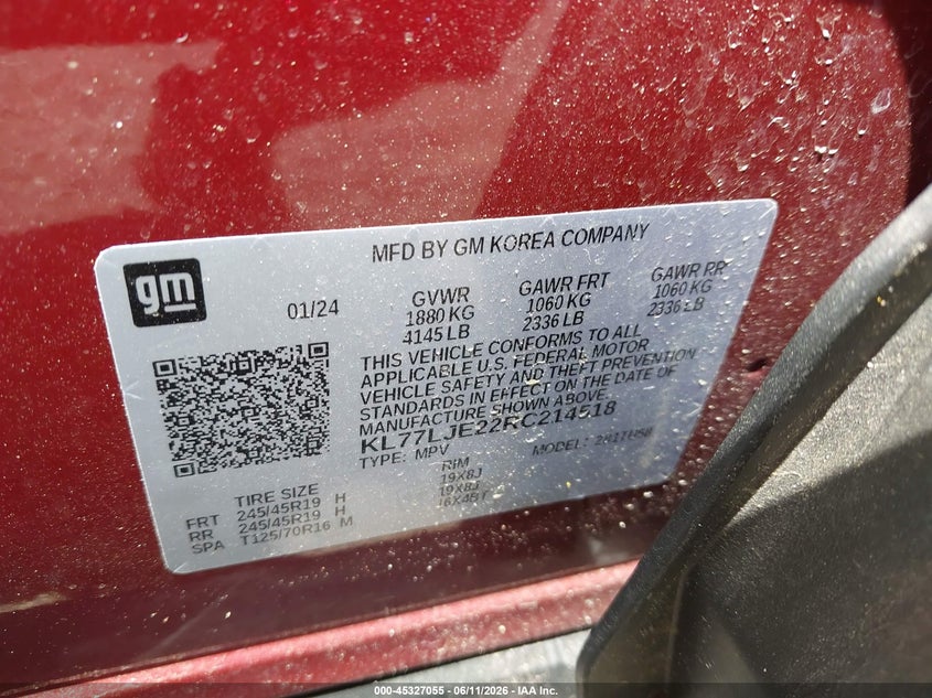 2024 Chevrolet Trax VIN KL77LJE22RC214518 IAAI salvage auction — LEFT REAR, Mv-907A (New York), sold $7,825 on 2026-07-07 (photo 9)