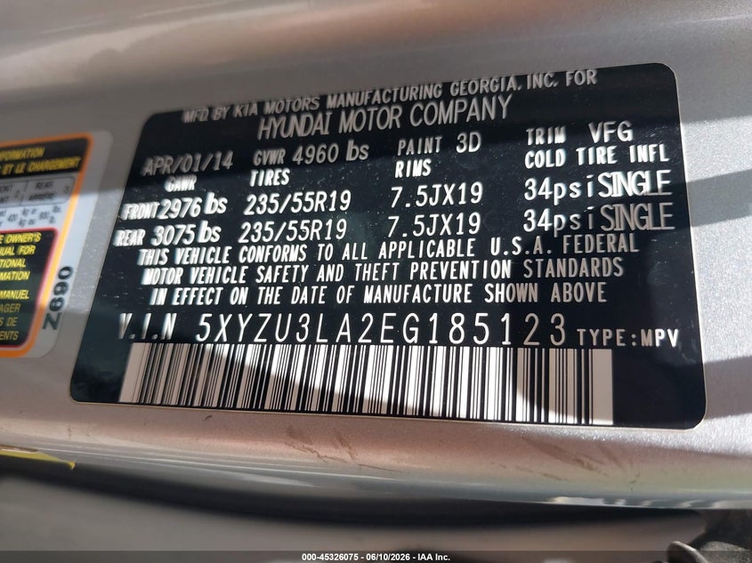 2014 Hyundai Santa fe VIN 5XYZU3LA2EG185123 IAAI salvage auction — FRONT END, Salvage (Kansas), sold $275 on 2026-07-08 (photo 9)