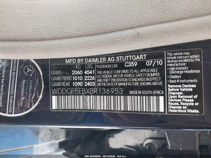 2011 Mercedes-benz C class VIN WDDGF5EBXBR136953 IAAI salvage auction — FRONT END, Salvage (California), sold $450 on 2026-07-21 (photo 9)