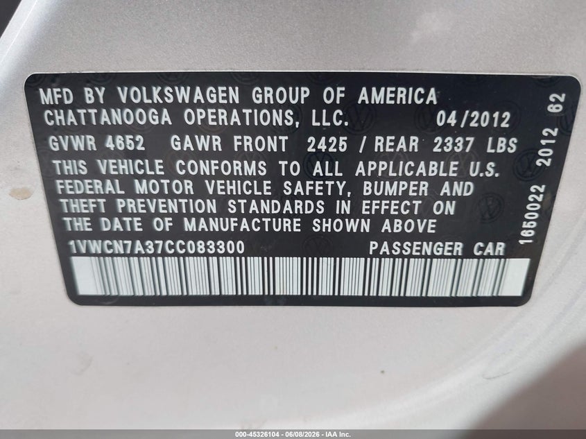 2012 Volkswagen Passat VIN 1VWCN7A37CC083300 IAAI salvage auction — NORMAL WEAR, Clear - Dealer Only (California), sold $1,025 on 2026-07-09 (photo 9)