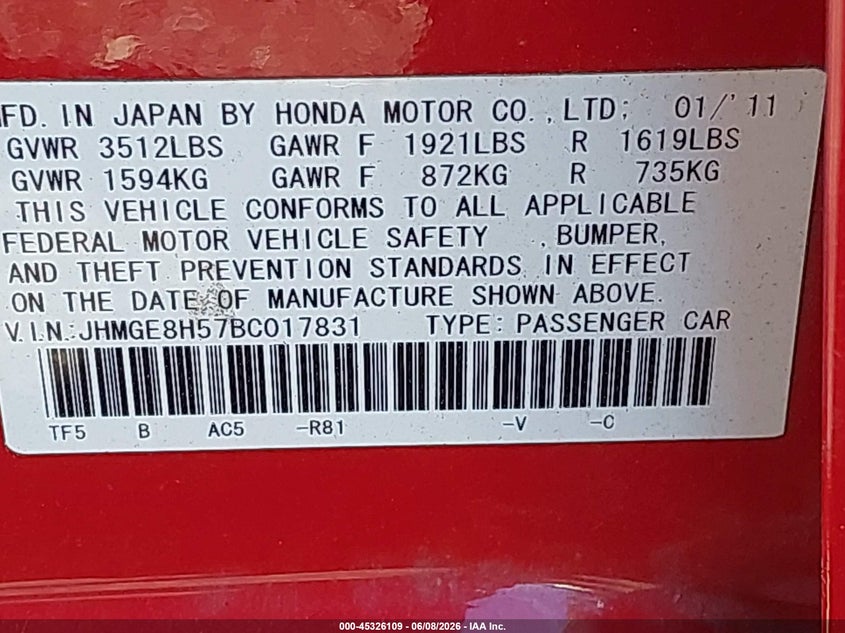 2011 Honda Fit VIN JHMGE8H57BC017831 IAAI salvage auction — WATER/FLOOD, Mv-907A (New York), sold $550 on 2026-07-07 (photo 9)