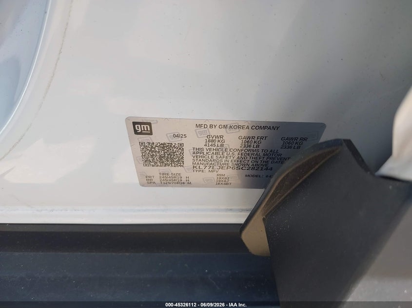 2025 Chevrolet Trax VIN KL77LJEP6SC282144 IAAI salvage auction — UNKNOWN, Salvage Title, sold $4,450 on 2026-07-10 (photo 9)