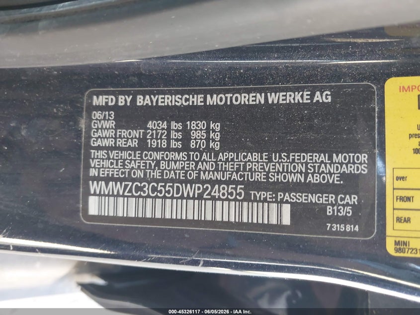 2013 Mini Countryman VIN WMWZC3C55DWP24855 IAAI salvage auction — UNKNOWN, Clear - Dealer Only (California), sold $775 on 2026-07-08 (photo 9)