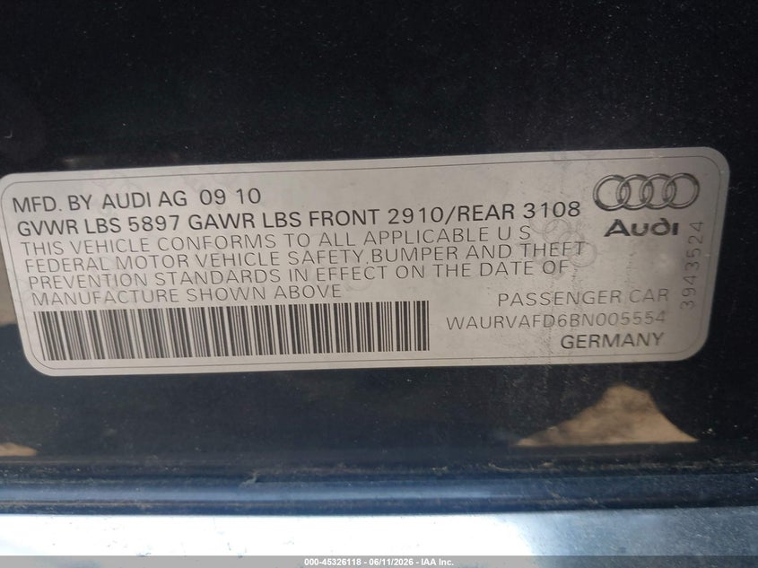 2011 Audi A8 VIN WAURVAFD6BN005554 IAAI salvage auction — RIGHT FRONT, Salvage (Idaho), sold $825 on 2026-07-08 (photo 9)