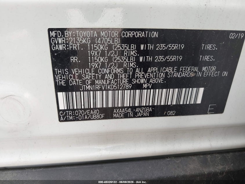 2019 Toyota Rav 4 VIN JTMN1RFV1KD512789 IAAI salvage auction — LEFT SIDE, Junk Bill Of Sale Mv2459 (Wisconsin), sold $10,200 on 2026-07-28 (photo 9)