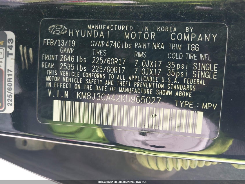 2019 Hyundai Tucson VIN KM8J3CA42KU965027 IAAI salvage auction — FRONT END, Salvage Title, sold $2,025 on 2026-07-23 (photo 9)