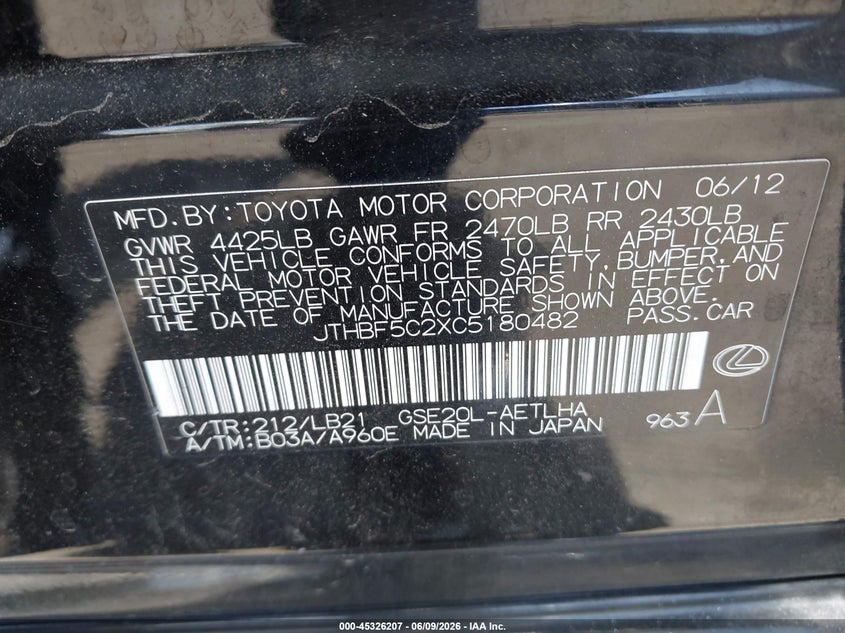 2012 Lexus Is VIN JTHBF5C2XC5180482 IAAI salvage auction — FRONT & REAR, Salvage Title, sold $175 on 2026-07-10 (photo 9)