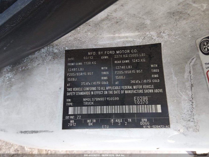 2013 Ford Transit VIN NM0LS7BN9DT150599 IAAI salvage auction — LEFT SIDE, Salvage Title, sold $500 on 2026-07-08 (photo 9)