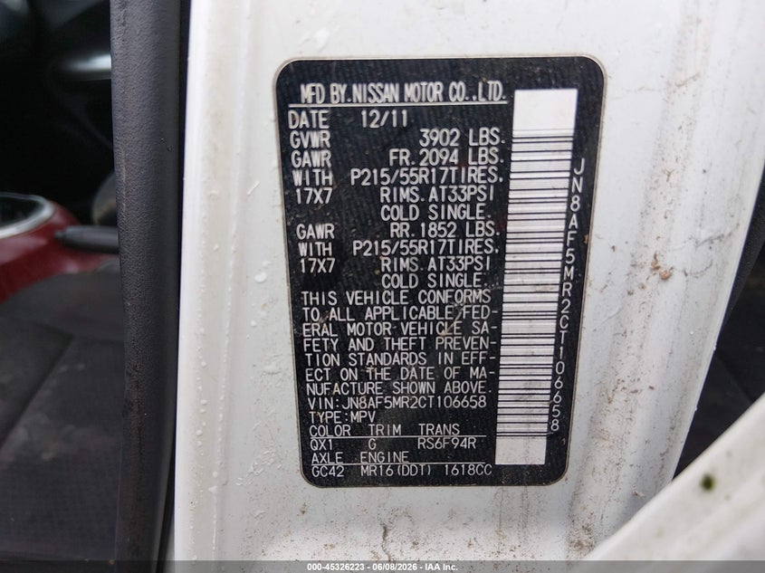 2012 Nissan Juke VIN JN8AF5MR2CT106658 IAAI salvage auction — RIGHT REAR, Salvage Title, sold $500 on 2026-07-20 (photo 9)