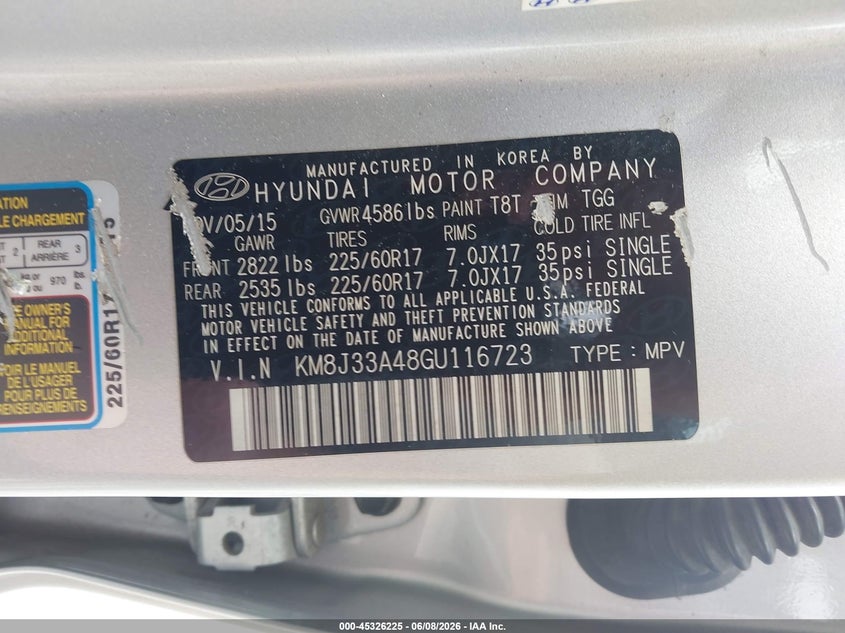 2016 Hyundai Tucson VIN KM8J33A48GU116723 IAAI salvage auction — REAR END, Salvage Title, sold $3,000 on 2026-07-29 (photo 9)