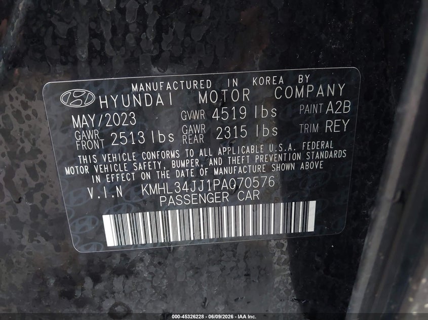 2023 Hyundai Sonata VIN KMHL34JJ1PA070576 IAAI salvage auction — FRONT END, Salvage Title, sold $5,100 on 2026-07-28 (photo 9)
