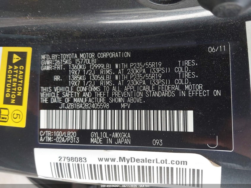 2011 Lexus Rx 450h VIN JTJZB1BA2B2405598 IAAI salvage auction — FRONT END, Original (Texas), sold $2,450 on 2026-07-11 (photo 9)