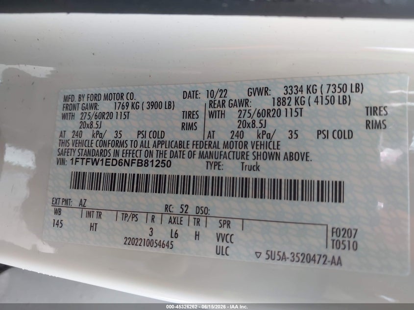 2022 Ford F-150 VIN 1FTFW1ED6NFB81250 IAAI salvage auction — LEFT SIDE, Salvage Title, sold $17,200 on 2026-09-12 (photo 9)