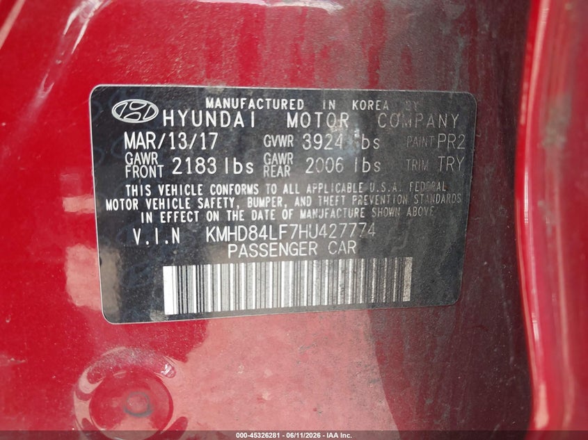 2017 Hyundai Elantra VIN KMHD84LF7HU427774 IAAI salvage auction — REAR END, Salvage (Alabama), sold $725 on 2026-07-08 (photo 9)
