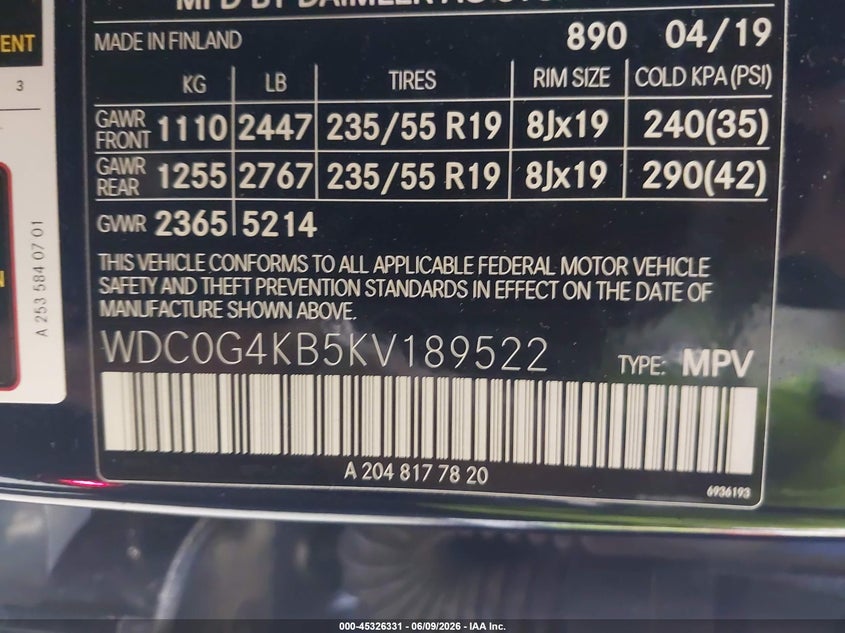 2019 Mercedes-benz Glc VIN WDC0G4KB5KV189522 IAAI salvage auction — FRONT END, Salvage Title, sold $7,800 on 2026-07-29 (photo 9)