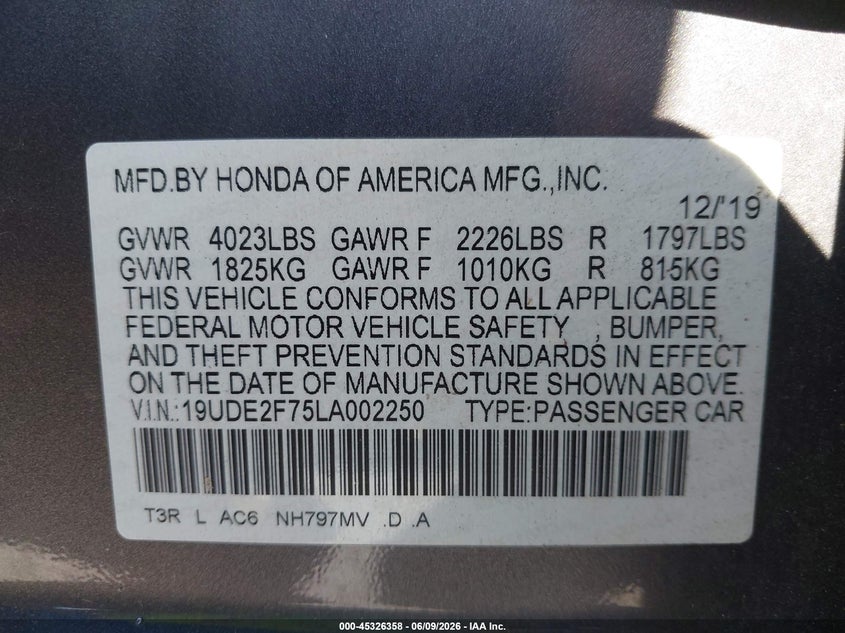 2020 Acura Ilx VIN 19UDE2F75LA002250 IAAI salvage auction — LEFT REAR, Salvage Title, sold $5,000 on 2026-07-23 (photo 9)