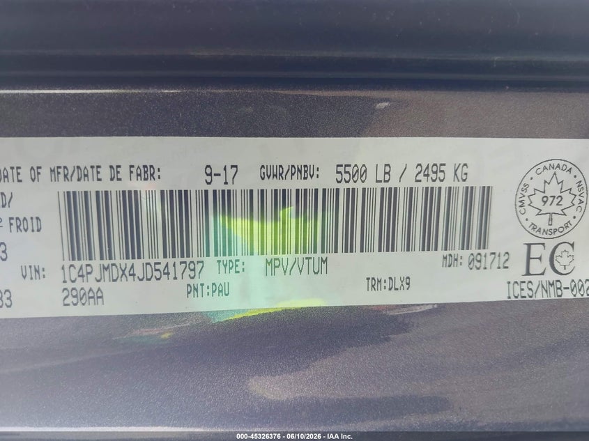 2018 Jeep Cherokee VIN 1C4PJMDX4JD541797 IAAI salvage auction — RIGHT REAR, Salvage Title, sold $3,000 on 2026-08-07 (photo 9)