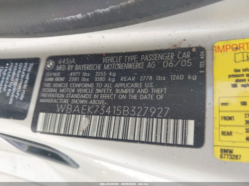 2005 BMW 6er VIN WBAEK73415B327927 IAAI salvage auction — NORMAL WEAR, Clear (Alabama), sold $325 on 2026-07-24 (photo 9)
