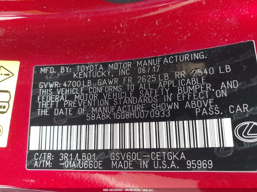 2017 Lexus ES VIN 58ABK1GG8HU070933 IAAI salvage auction — FRONT END, Salvage Title, sold $7,100 on 2026-07-29 (photo 9)