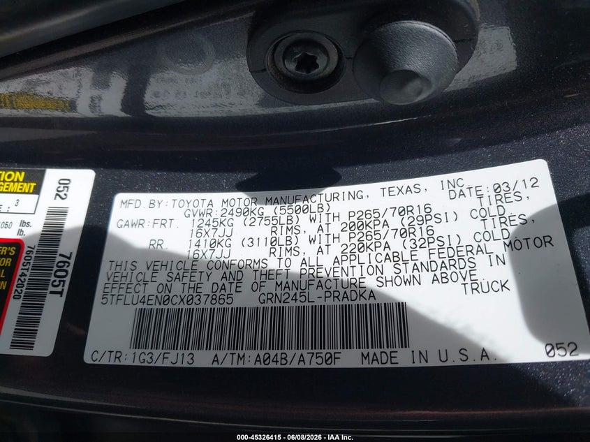 2012 Toyota Tacoma VIN 5TFLU4EN0CX037865 IAAI salvage auction — SIDE, Salvage Title, sold $7,750 on 2026-07-23 (photo 9)